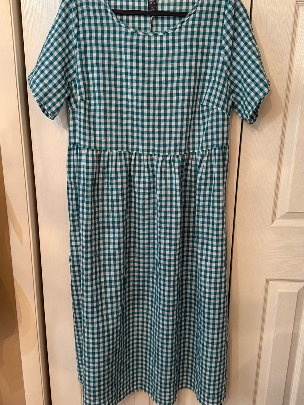 Teal Gingham Casual 1XL Women’s Dress With Pockets and Short Sleeves